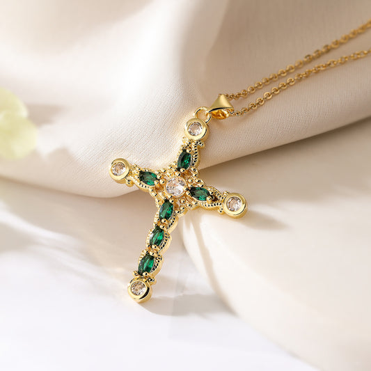 Affordable Luxury Fashion Copper Plated Real Gold Zircon Cross Pendant Necklace