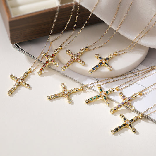 Affordable Luxury Fashion Copper Plated Real Gold Zircon Cross Pendant Necklace